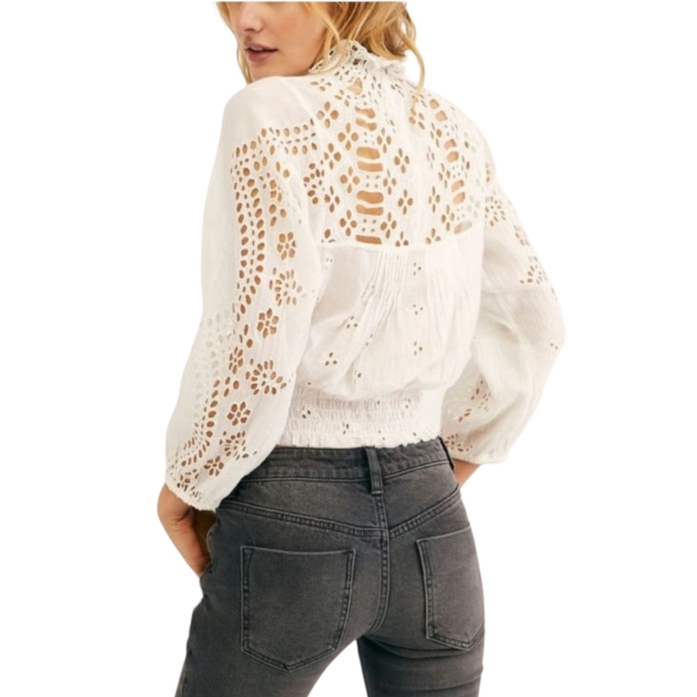 Free People One Clare Eyelet Dolman Longsleeve Blouse Top White 100% Cotton - Picture 5 of 13